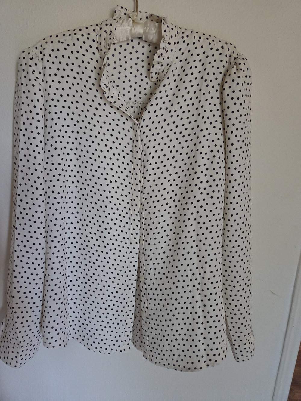 Polka Dot Ruffle-Neck Blouse - White with Black Dots